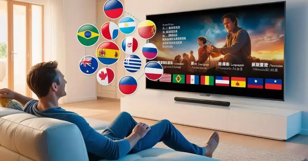 Imagem destacada. Uma imagem que mostra uma pessoa assistindo a uma série ou filme em uma tela grande com legendas visíveis. Ao redor da tela, podem haver ícones ou bandeiras de diferentes países representando vários idiomas. Isso simboliza a diversidade linguística que pode ser explorada por meio das mídias audiovisuais.