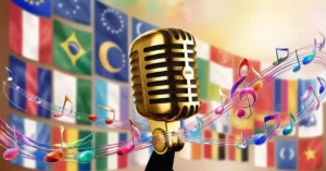 Imagem destacada. Uma imagem vibrante de um microfone em foco, com notas musicais flutuando ao redor, que simbolize a união entre música e aprendizado de idiomas. O fundo pode ser uma mistura suave de bandeiras de diferentes países, representando a diversidade linguística e cultural.