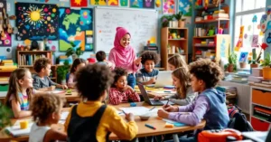 Imagem destacada. Uma imagem vibrante de um grupo diversificado de alunos, de diferentes idades, engajados em uma atividade colaborativa de aprendizado de idiomas. Estão em uma sala colorida e criativa, repleta de livros, instrumentos musicais, dispositivos tecnológicos e arte nas paredes, simbolizando a integração de criatividade e diversão no processo educacional.