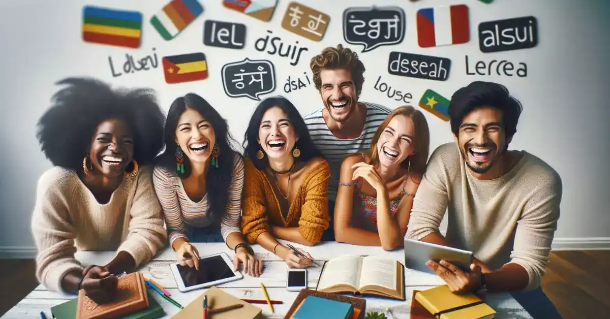 Imagem destacada. Uma ilustração vibrante de um grupo multicultural de pessoas rindo enquanto interagem com materiais de aprendizado de idiomas, como livros, tablets, e quadros de palavras. A imagem exala uma sensação de alegria e descontração, refletindo a visão de que o humor é uma integração divertida e essencial no processo de aprendizado.