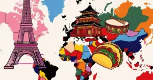 Imagem destacada. Uma ilustração estilizada de um mapa do mundo com traços de ícones culturais como uma Torre Eiffel, um Templo Japonês, um Tambor Africano e um Taco Mexicano. Essa imagem visualmente atraente capta a essência da exploração cultural global através de idiomas.
