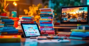 Imagem destacada. Uma imagem de uma mesa cheia de recursos de aprendizado de idiomas, como livros, um tablet exibindo um aplicativo de aprendizagem gamificado (como Duolingo), um laptop com cenas de uma série em um idioma estrangeiro, fones de ouvido ao lado de listas de músicas e um globo terrestre. Esta composição visual representaria a interseção entre entretenimento e educação.