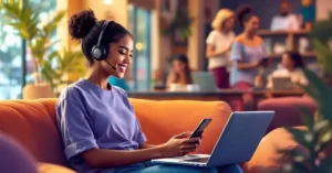 imagem destacada. Uma imagem vibrante de um jovem usando laptops e smartphones, engajados em aplicativos de aprendizagem de idiomas. Ele está sorrindo ou exibindo expressões de entusiasmo, simbolizando o prazer e a diversão no aprendizado através da tecnologia.