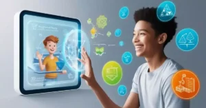 Imagem de destaque. Uma imagem de destaque que representa o conceito de levar conhecimento da teoria à prática de uma maneira divertida. Uma ideia poderia ser uma pessoa interagindo com uma tela digital, onde elementos 3D ou de realidade aumentada parecem emergir da tela, simbolizando a transição do digital para o mundo real. Isso visualiza a ideia principal de mover conhecimentos da tela para aplicações práticas.