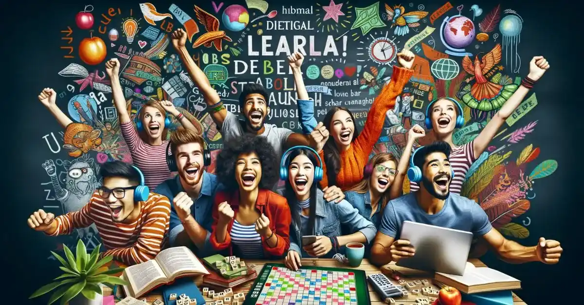 Imagem destacada. Um grupo de pessoas com fones de ouvido e um jogo de tabuleiro.