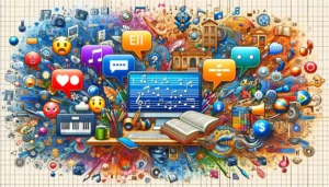 Imagem destacada. A imagem apresenta uma combinação vibrante de símbolos visuais de aprendizagem de idiomas e memes.