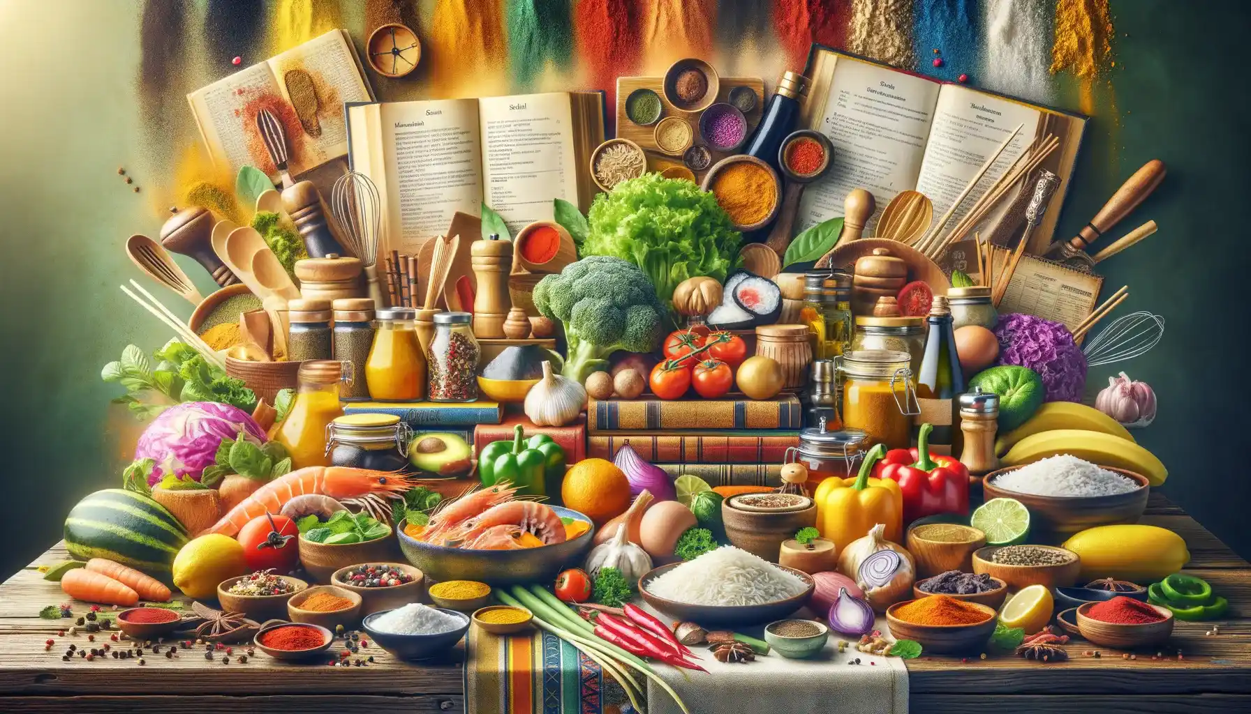Imagem destacada. Uma mesa de cozinha vibrante, repleta de ingredientes frescos e coloridos de diferentes culturas, como especiarias indianas, arroz para sushi, vegetais para ratatouille e frutos do mar para paella. Ao fundo, livros de receitas em várias línguas e utensílios de cozinha tradicionais, criando um ambiente acolhedor e internacional que reflete a fusão de comida, idioma e cultura.