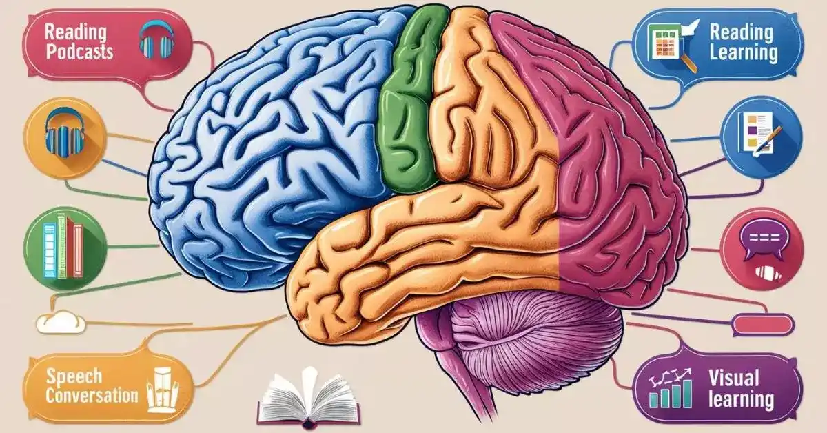 Imagem destacada. Um mapa estilizado de um cérebro humano, dividido em seções que representam diferentes idiomas ou métodos de aprendizado (como podcasts, leitura, conversação, etc.). Isso simboliza a personalização do aprendizado e a maneira como diferentes abordagens são incorporadas no processo mental de aprendizagem.