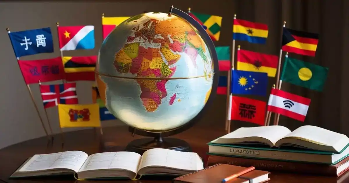 Imagem destacada. Uma foto inspiradora de um globo terrestre com bandeiras linguísticas ao redor, simbolizando a diversidade cultural e a meta de dominar várias línguas. No fundo, pode haver livros de linguística ou cadernos, sugerindo a ideia de jornada e aprendizado.