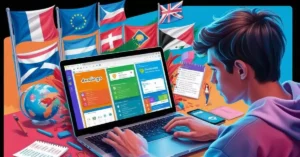 Imagem destacada. Uma imagem de um estudante em um ambiente de aprendizado interativo, usando um laptop com múltiplas janelas abertas mostrando aplicativos de aprendizado de idiomas, ferramentas de tradução, e anotações digitais.