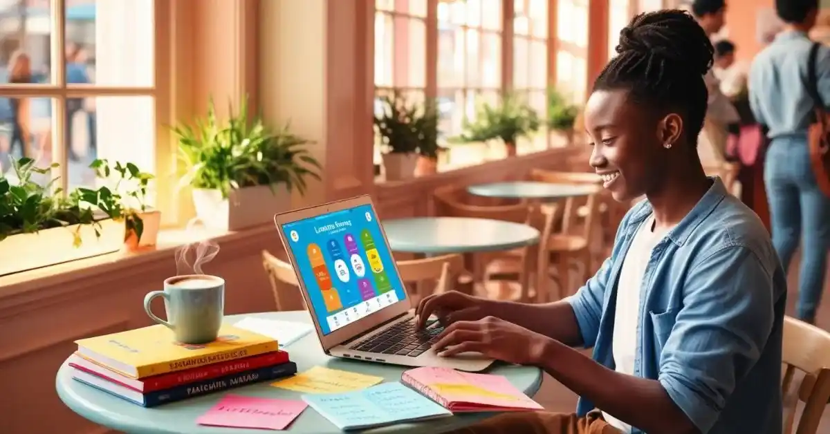 Imagem de destaque. Uma captura de tela com interface de aplicativo de aprendizado de idiomas como Duolingo ou Babbel.