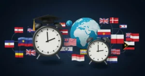Imagem destacada. Uma montagem que combina um relógio centralizado com um globo terrestre ao fundo. Ao redor, ícones representando diversas línguas – como bandeiras ou símbolos de diálogo – ilustram a conexão global e a economia de tempo proporcionada pelo aprendizado de idiomas.