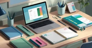 Imagem destacada. Uma imagem de uma mesa de trabalho bem organizada, com cadernos, canetas, um computador aberto em uma plataforma de aprendizagem de idiomas e um calendário ou planner mostrando datas marcadas de estudo.