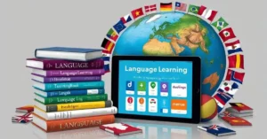 Imagem destacada. Montagem Multifacetada de Aprendizado. Uma imagem que mostra uma variedade de elementos relacionados ao aprendizado de idiomas, como livros, aplicativos num smartphone ou tablet, um globo terrestre, e elementos simbólicos como bandeirinhas de diferentes países. Esta imagem representa a diversidade de ferramentas e métodos disponíveis para aprender idiomas de forma inteligente e global.