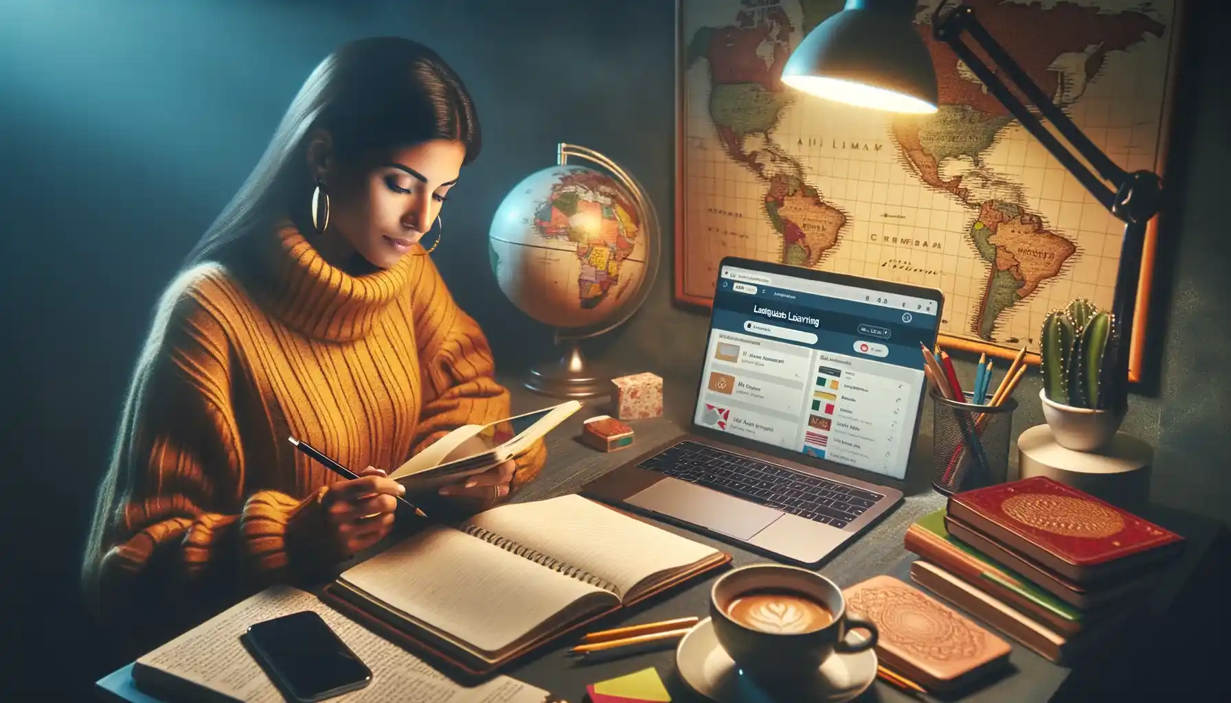 Imagem destacada. Essa composição visualmente representa o tema do aprendizado de idiomas, planejamento estratégico e o uso de tecnologia, destacando a experiência envolvente e motivadora que o artigo propõe.