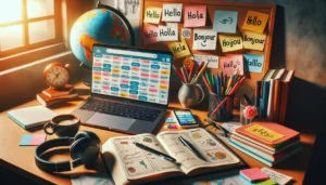 Imagem destacada. Mesa de estudo organizada com laptop aberto em aplicativo de idiomas, planner semanal manuscrito, post-its com palavras em inglês, espanhol e francês, fones de ouvido e globo terrestre ao fundo.