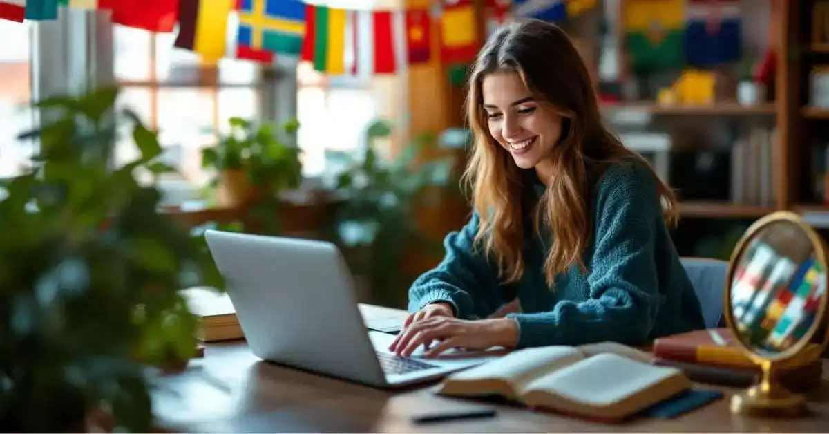Imagem destacada. Uma pessoa estudando em um ambiente multicultural.