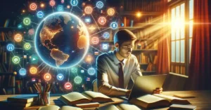 Imagem destacada. Um estudante usando um laptop ou tablet, cercado por livros e um globo terrestre, simbolizando a aprendizagem global.