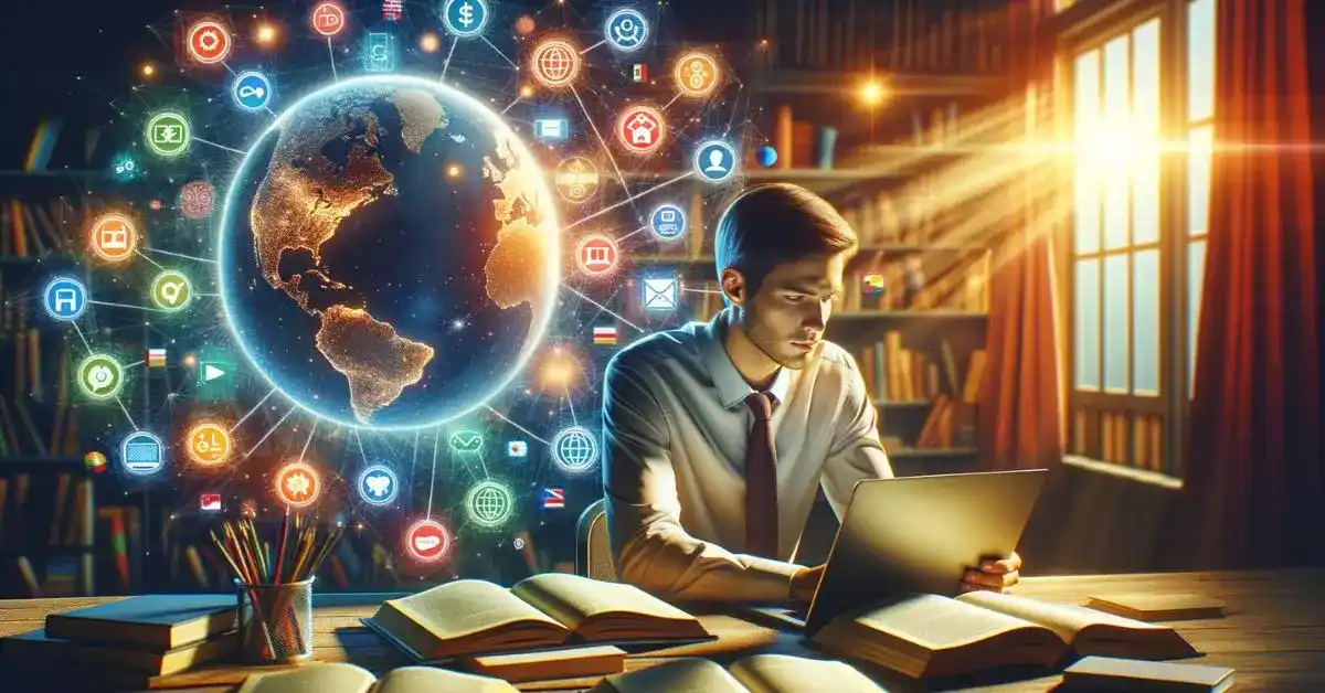 Imagem destacada. Um estudante usando um laptop ou tablet, cercado por livros e um globo terrestre, simbolizando a aprendizagem global.