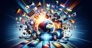 Imagem destacada. Uma ilustração que mostra um conjunto de dispositivos tecnológicos (como smartphones, tablets e laptops) com bandeiras de diferentes países emergindo da tela. Isso simboliza a acessibilidade global ao aprendizado de idiomas através de recursos digitais.
