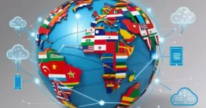 Imagem destacada. Uma imagem de um globo terrestre formado por bandeiras de diferentes países interligadas por ícones de tecnologia, como nuvens ou dispositivos conectados. Esta imagem simboliza a conexão global e o acesso a diferentes idiomas através de plataformas online.