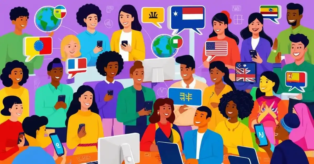 Imagem destacada. Uma imagem que retrata um grupo diversificado de pessoas conectadas através de dispositivos digitais, simbolizando a conexão global proporcionada pelas comunidades online. A imagem pode mostrar pessoas de diferentes culturas interagindo por meio de telas de computadores ou smartphones, com elementos referentes a diferentes idiomas, como globos e bandeiras.