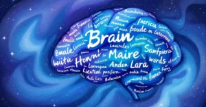 Imagem destacada. Uma representação visual de um cérebro humano completamente desenhado, invadido por palavras e letras, simbolizando o preenchimento e a ampliação do vocabulário. As palavras podem estar em diferentes idiomas, refletindo a aprendizagem multicultural. Essa imagem transmite a ideia de crescimento cognitivo e a riqueza do aprendizado de idiomas.