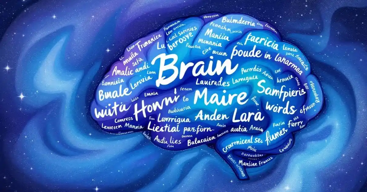 Imagem destacada. Uma representação visual de um cérebro humano completamente desenhado, invadido por palavras e letras, simbolizando o preenchimento e a ampliação do vocabulário. As palavras podem estar em diferentes idiomas, refletindo a aprendizagem multicultural. Essa imagem transmite a ideia de crescimento cognitivo e a riqueza do aprendizado de idiomas.
