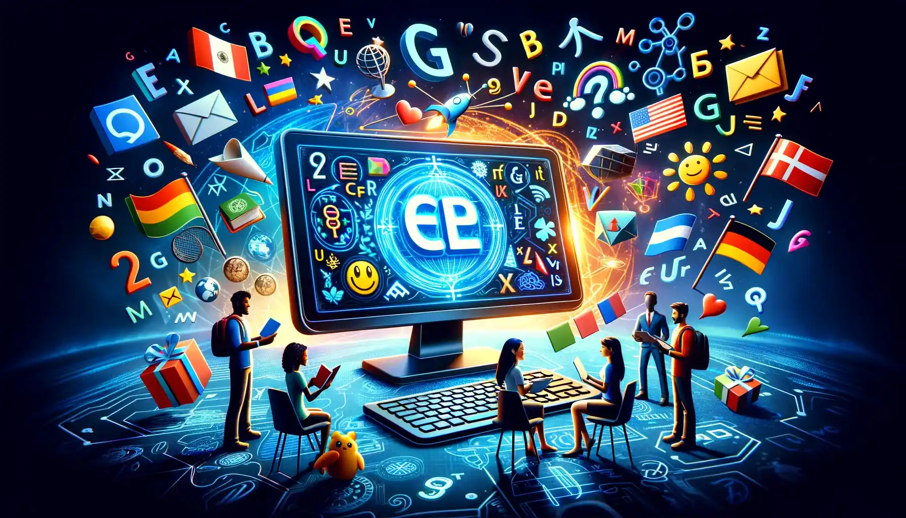 Imagem destacada. Um ambiente virtual de aprendizado, com ícones de jogos, palavras, e interação digital.