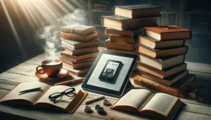 Imagem destacada. Essa imagem deve transmitir a ideia de leitura acessível e a transição entre livros físicos e digitais, inspirando os leitores a explorar novas oportunidades de aprendizado.