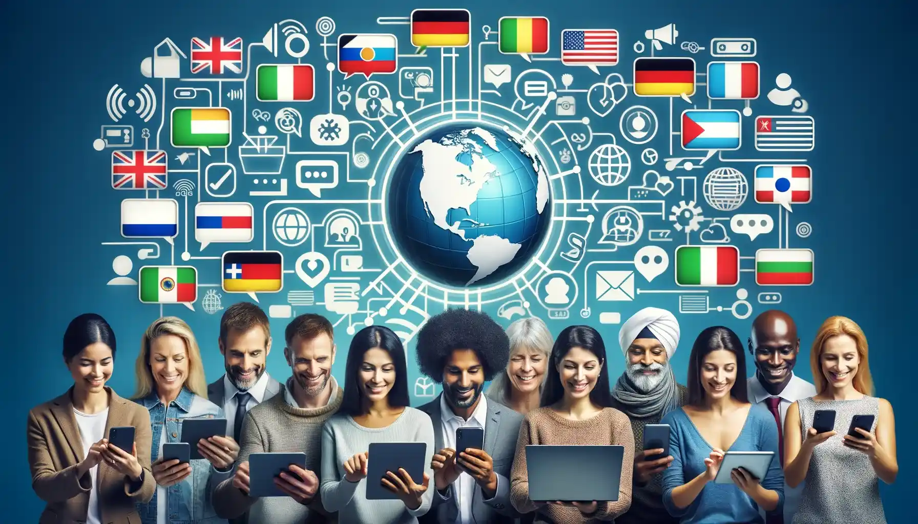 Imagem destacada. A imagem mostra um grupo diversificado de pessoas, de diferentes origens culturais, conectadas por dispositivos como laptops e smartphones. Eles estão interagindo através de chamadas de vídeo, mensagens e fóruns de discussão, ilustrando a conectividade global.