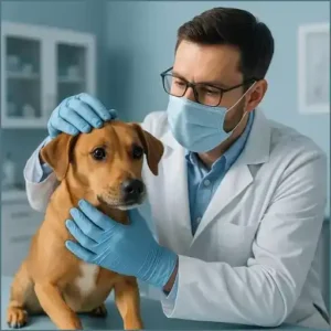 Cachorro com raiva - Veterinário examinando.