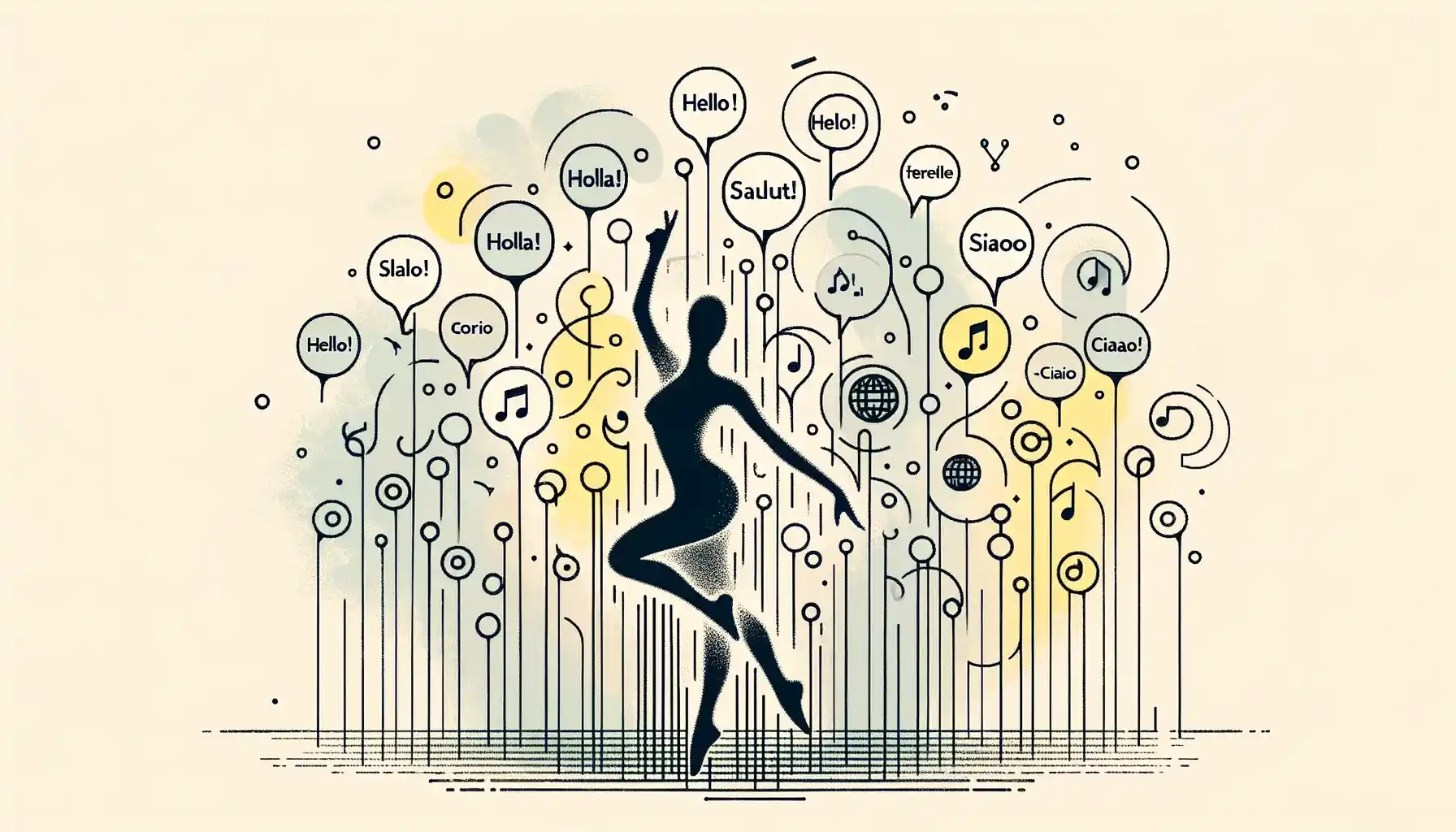 Imagem destacada. Uma silhueta simples de uma pessoa dançando, composta por linhas finas e curvas elegantes, transmitindo movimento. Ao redor da figura, pequenos ícones minimalistas de balões de fala ou notas musicais, cada um contendo saudações ou frases curtas em diferentes idiomas (por exemplo: “Hello!”, “Hola!”, “Salut!”, “Ciao!”, “안녕하세요”).
